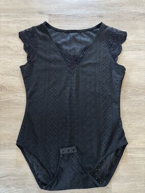 Black Eyelet Lace-Trim Bodysuit